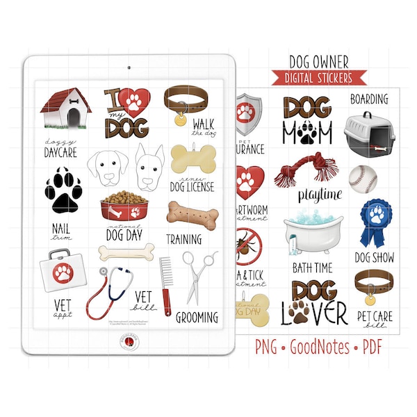 Dog Owner Digital Planner Stickers, GoodNotes Stickers, Pre-Cropped PNG, Printable PDF, Pet Care, Dog Lover, Vet Reminders, Journal Stickers