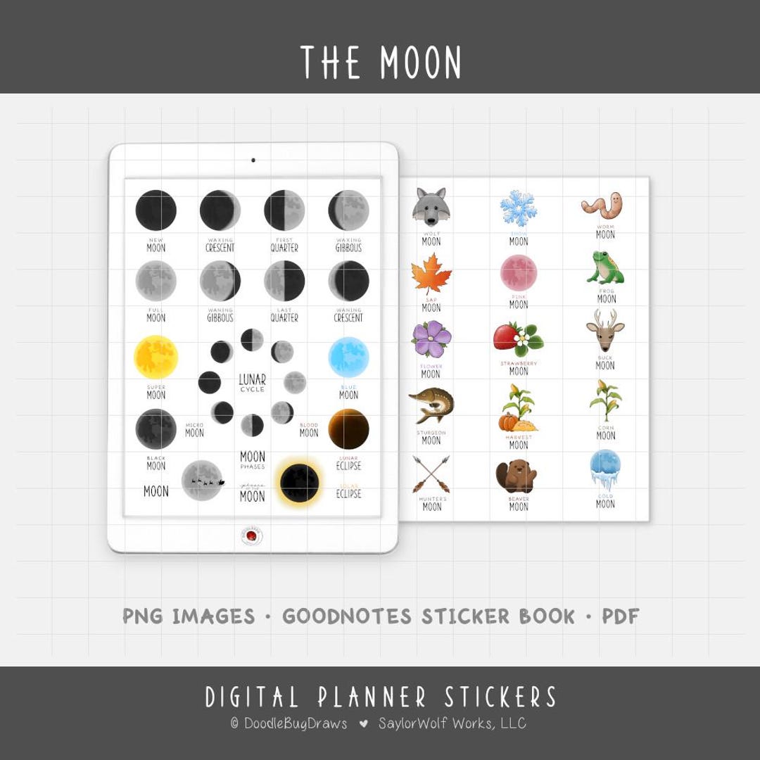 Moon Phases & Full Moon Names Digital Planner Stickers - Lunar Cycle ...