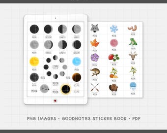 Moon Phases & Full Moon Names Digital Planner Stickers - Lunar Cycle Icons (PNG, GoodNotes, PDF)