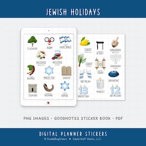 May include: Digital planner stickers featuring Jewish holidays. The image includes illustrations of various Jewish symbols and holidays, such as a menorah, Torah scroll, and Star of David. Text includes holiday names like Passover, Hanukkah, and Yom Kippur.