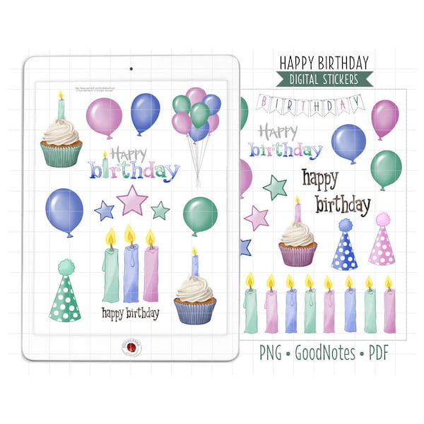 Happy Birthday Digital Planner Stickers, GoodNotes Stickers, Pre-Cropped PNG, Printable PDF, Birthday Party Journal Stickers, Celebration