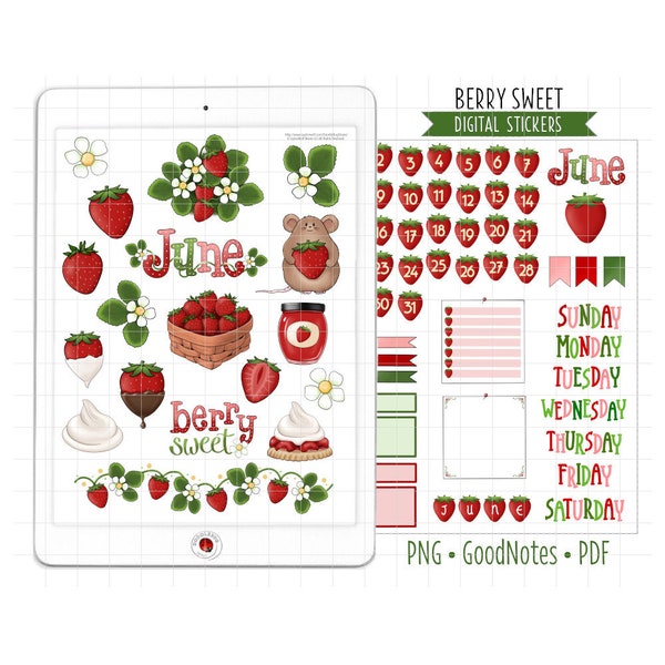 Strawberries Digital Planner Stickers, June Monthly Kit, GoodNotes Stickers, Pre-Cropped PNG, Printable PDF, Summer Fruit Journal Stickers