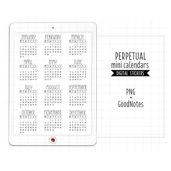 Eeuwigdurende minikalenders en maandnamen Digitale planner-stickers, GoodNotes-stickers, PNG-kalenderwidgets Digitale dagboekstickers