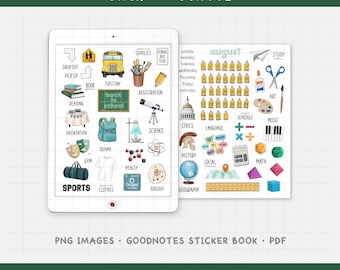 Back to School - August Monthly Digital Planner Stickers - School Subjects (PNG, GoodNotes, PDF)