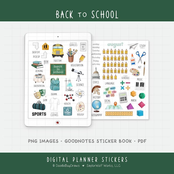 Back to School - August Monthly Digital Planner Stickers - School Subjects (PNG, GoodNotes, PDF)