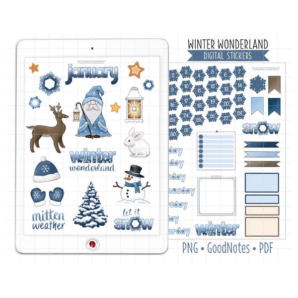 Winter Wonderland Digital Planner Stickers, January Monthly Kit, GoodNotes Stickers, Pre-Cropped PNG, Printable PDF, Snow Journal Stickers