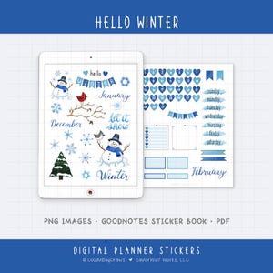 Puede incluir: Pegatinas digitales para planificador con temática invernal. Las pegatinas incluyen muñecos de nieve, copos de nieve y pancartas en tonos azules. El texto "HELLO WINTER" está en la parte superior. Para PNG, GoodNotes y PDF.