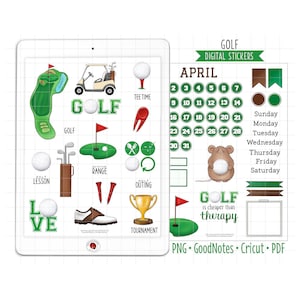 Könnte beinhalten: Ein Satz digitaler Sticker für einen Golf-Planer oder ein Golf-Tagebuch. Die Sticker beinhalten einen Golfwagen, Golfbälle, einen Golfschläger, einen Golfplatz, eine Golf-Turnier-Trophäe und ein Golf-Zitat, das lautet "Golf ist günstiger als Therapie".
