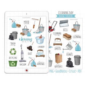 Household Chores Digital Planner Stickers, Cleaning Day, GoodNotes Stickers, Pre-Cropped PNG, Printable PDF, Housework Journal Stickers