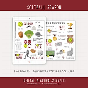 Könnte beinhalten: Digitale Planer-Aufkleber mit Softball-Motiv. Das Bild zeigt ein Tablet mit verschiedenen Softball-Grafiken, wie Bälle, Schläger, Handschuhe und Text wie "Game Day" und "Home Run". Ein zweites Blatt zeigt Zahlen und Phrasen.