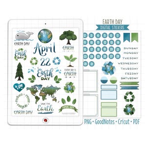 Earth Day Digital Planner Stickers, April Monthly Kit, GoodNotes Stickers, Pre-Cropped PNG, Printable PDF, Environmental Journal Stickers