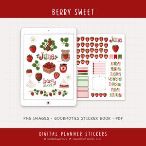 Puede incluir: Pegatinas digitales para planificador con temática de bayas. La imagen muestra una tableta con varios gráficos con temática de fresas, incluyendo fresas, crema batida y un oso sosteniendo una fresa. El texto "BERRY SWEET" está en la parte superior.