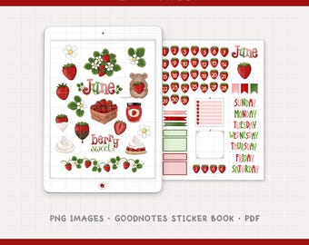 Jordgubbar - Digitalt planeringspaket för juni månad - Sommarkalendertema (PNG, GoodNotes, PDF)