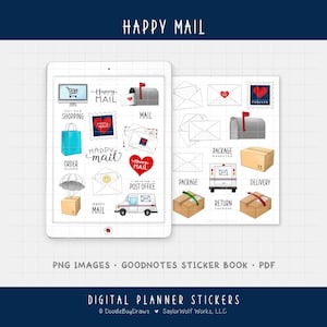 May include: Digital planner stickers with a mail theme. The stickers include images of mailboxes, envelopes, packages, and a mail truck. The phrase "Happy Mail" is displayed at the top. The stickers are in PNG format and are designed for use in GoodNotes.