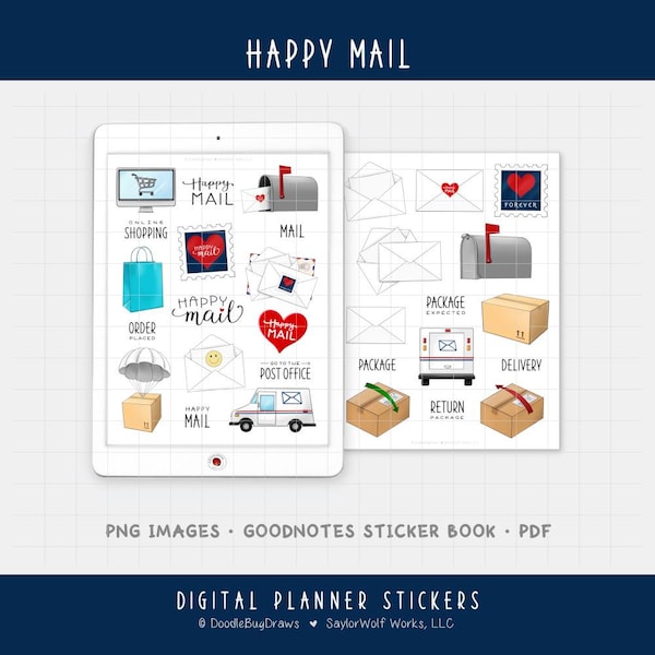 Happy Mail Digital Planner Stickers - Orders, Shipments, & Package Delivery Icons (PNG, GoodNotes, PDF)