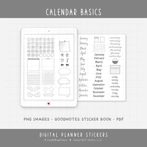 May include: Digital planner stickers with the text "CALENDAR BASICS". The image shows a collection of digital stickers, including calendar numbers, months, days of the week, and various shapes. The stickers are designed for use in digital planners.