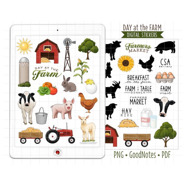 Day at the Farm Digital Planner Stickers, GoodNotes Stickers, Pre-Cropped PNG, Printable PDF, Barnyard Farm Animals Journal Stickers