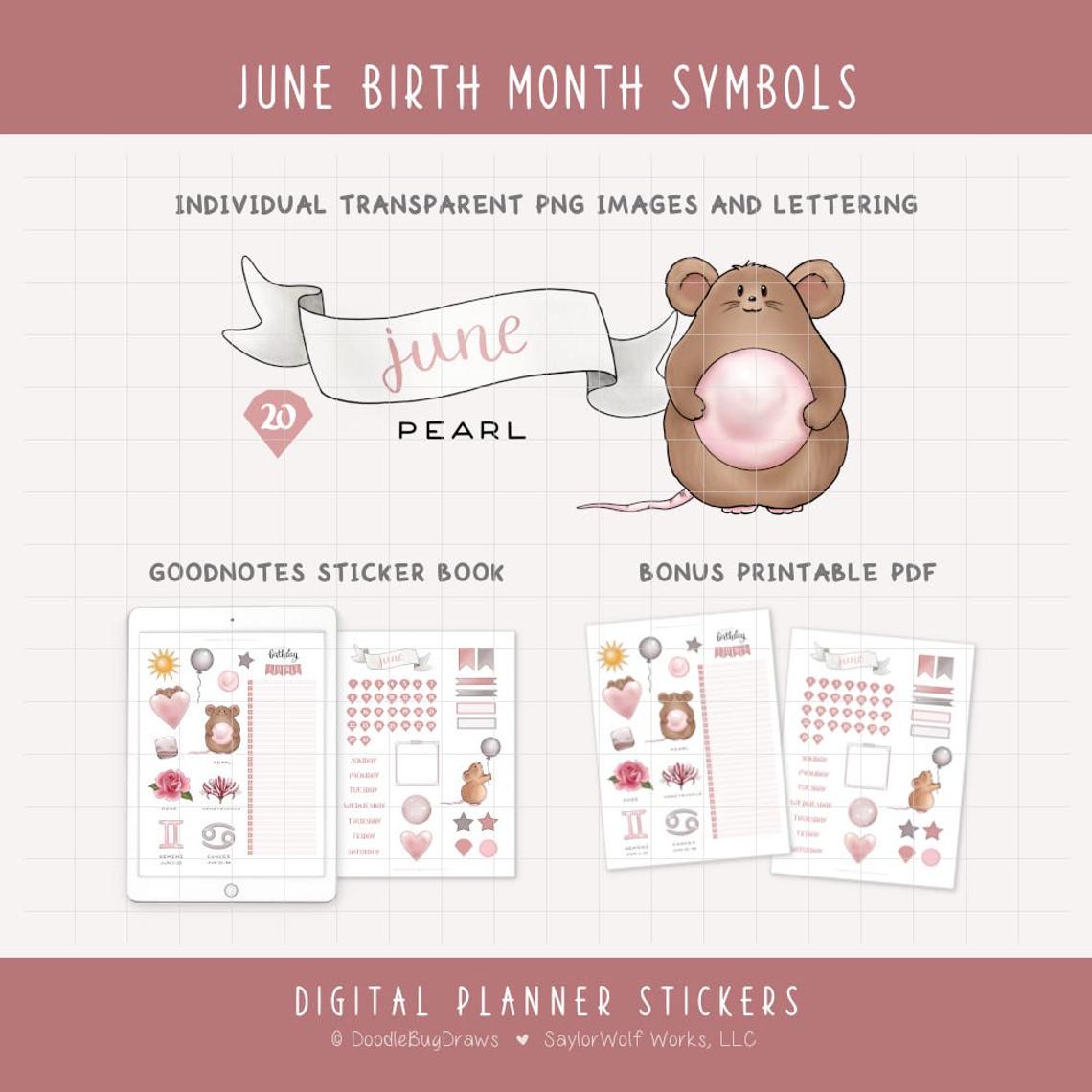 June Birth Month Symbols Digital Planner Stickers - Birthday Tracker ...