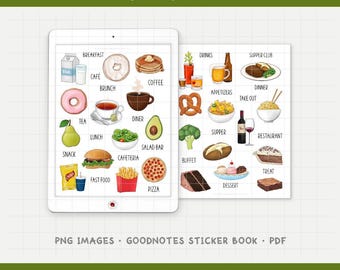 May include: Digital planner stickers with a dining out theme. The image shows a tablet with illustrations of food and drinks, including breakfast items, snacks, and dinner options. The text "Dining Out" is at the top.