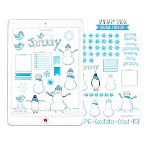 Winter Snowman Digital Planner Stickers, January Monthly Kit, GoodNotes Stickers, Pre-Cropped PNG, Printable PDF, Journal Stickers