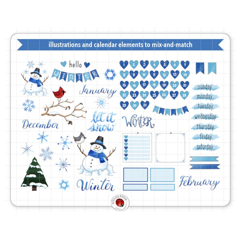 Winter Digital Planner Stickers, December Monthly Kit, GoodNotes Stickers, Pre-Cropped PNG, Printable PDF, Snowflakes Journal Stickers image 3