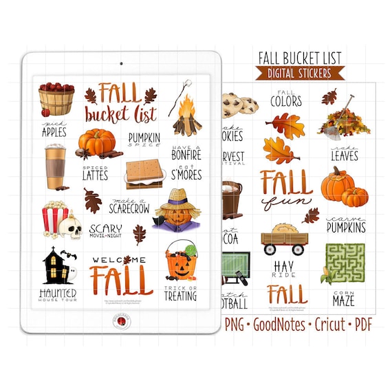 Fall Bucket List Digital Planner Stickers - Seasonal Activity Icons (GoodNotes, PNG, Cricut, Printable PDF)