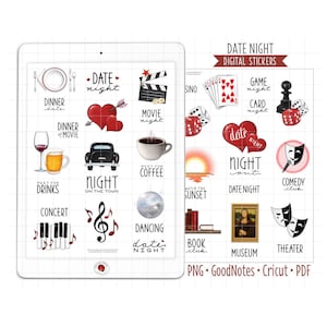 Naklejki na cyfrowy planer Date Night, Naklejki GoodNotes, Wstępnie przycięte pliki PNG, Wydrukowalny plik PDF, Rekreacja, Rozrywka, Naklejki do dziennika