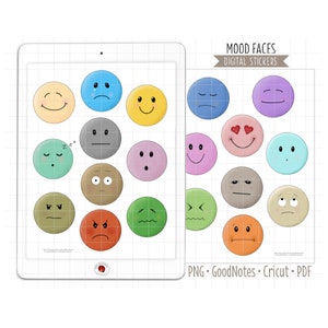 Mood Faces, Emotions Digital Planner Stickers, GoodNotes Stickers, Pre-Cropped PNG, Printable PDF, Happy, Sad, Feelings, Journal Stickers