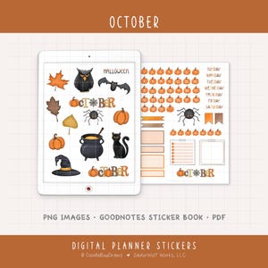 May include: Digital planner stickers with a Halloween theme. The stickers include pumpkins, bats, spiders, a black cat, a witch's hat, and leaves. The word "OCTOBER" is at the top. The stickers are displayed on a tablet and a separate sheet.