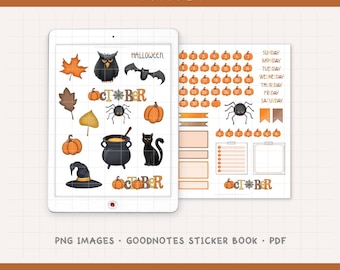 October Monthly Digital Planner Sticker Kit - Spooky Halloween & Autumn Calendar Theme (PNG, GoodNotes, PDF)