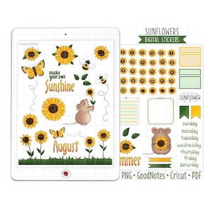 Sunflowers Digital Planner Stickers, August Monthly Kit, GoodNotes Stickers, Pre-Cropped PNG, Printable PDF, Summer Flowers Journal Stickers