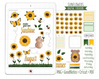 August Sunflowers Digital Planner Stickers - Summer Calendar Theme: GoodNotes, PNG, Cricut, Printable PDF