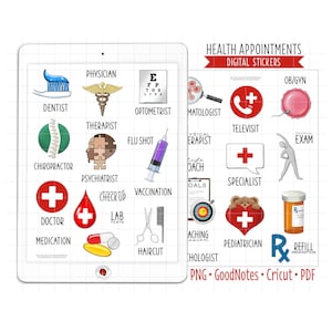 Health Appointments Digital Planner Stickers, GoodNotes Stickers, Pre-Cropped PNG, Printable PDF, Medical Reminders Journal Stickers