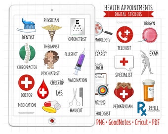 Gesundheit Termine digitale Planer Aufkleber, GoodNotes Aufkleber, zugeschnittene PNG, druckbare PDF, medizinische Erinnerungen Journal Aufkleber