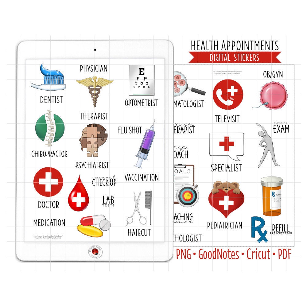 Gesundheit Termine digitale Planer Aufkleber, GoodNotes Aufkleber, zugeschnittene PNG, druckbare PDF, medizinische Erinnerungen Journal Aufkleber