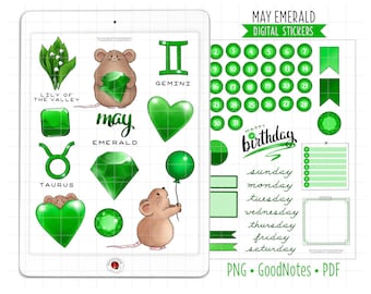 May Birthstone Digital Planner Stickers, Green Emerald Monthly Kit, GoodNotes Stickers, PNG, Printable PDF, Birthday Journal Stickers