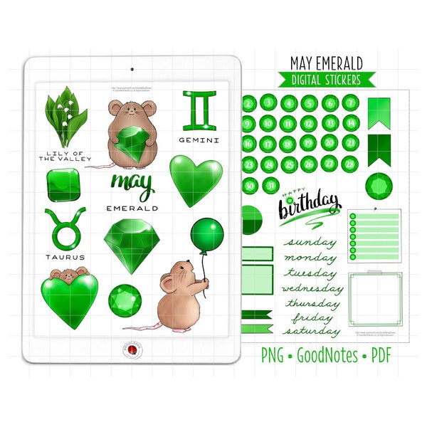 May Birthstone Digital Planner Stickers, Green Emerald Monthly Kit, GoodNotes Stickers, PNG, Printable PDF, Birthday Journal Stickers