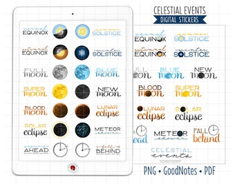 Celestial Events Digital Planner Stickers, GoodNotes Stickers, PNG, Printable PDF, Moon Phases, Seasons, Eclipses, Meteors, Journal Stickers