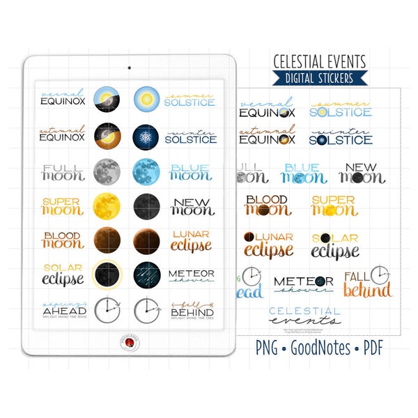 Celestial Events Digital Planner Stickers, GoodNotes Stickers, PNG, Printable PDF, Moon Phases, Seasons, Eclipses, Meteors, Journal Stickers