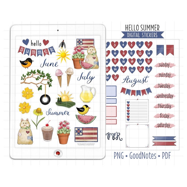 Summer Digital Planner Stickers, June July August Monthly Kit, GoodNotes Stickers, Pre-Cropped PNG, Printable PDF, Journal Stickers