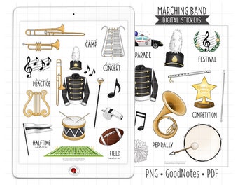 Marching Band Digital Planner Stickers, GoodNotes Stickers, Pre-Cropped PNG, Printable PDF, Music, Parade, Field Show, Journal Stickers