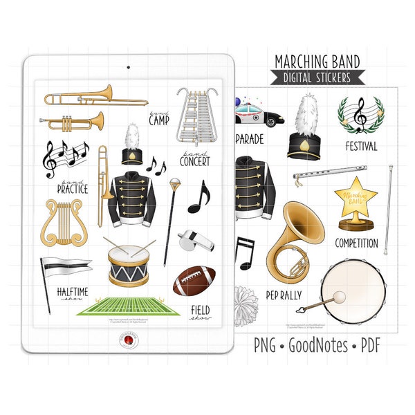 Marching Band Digital Planner Stickers, GoodNotes Stickers, Pre-Cropped PNG, Printable PDF, Music, Parade, Field Show, Journal Stickers