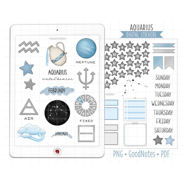 Aquarius the Water Bearer the Goat Digital Planner Stickers, January / February Monthly Kit, GoodNotes Stickers, PNG, PDF Astrology Stickers