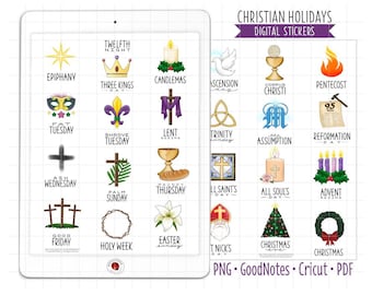 Christian Holidays Digital Planner Stickers, GoodNotes Stickers, Religion Pre-Cropped PNG, Printable PDF, Calendar Icons Journal Stickers