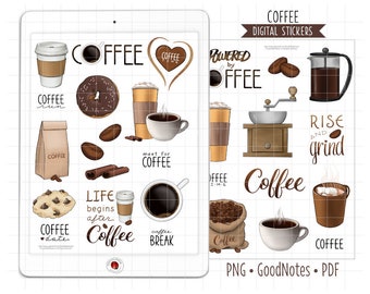 Coffee Digital Planner Stickers, GoodNotes Stickers, Pre-Cropped PNG, Printable PDF, Coffee Shop, Latte, Espresso, Journal Stickers