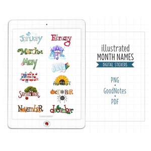 Illustrated Month Names Digital Planner Stickers, GoodNotes Stickers, Pre-Cropped PNG, Printable PDF, Monthly Calendar Journal Stickers