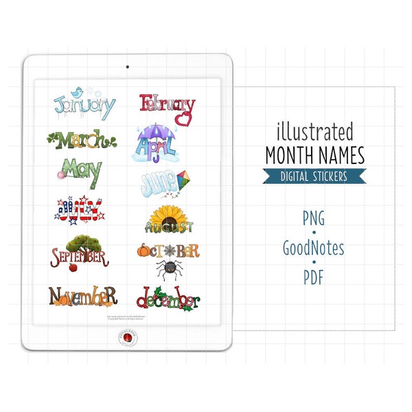 Illustrated Month Names Digital Planner Stickers, GoodNotes Stickers, Pre-Cropped PNG, Printable PDF, Monthly Calendar Journal Stickers