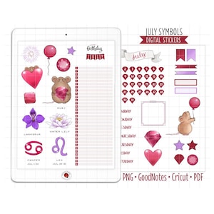 July Birth Month Symbols Digital Planner Stickers - Birthday Theme (GoodNotes, PNG, Cricut, Printable PDF)