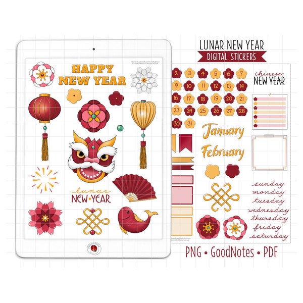 Lunar New Year Digital Planner Stickers, January/February Monthly Kit, GoodNotes Stickers, Pre-Cropped PNG, Printable PDF Journal Stickers