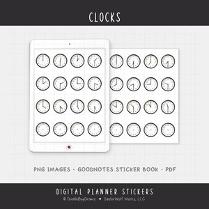 May include: Digital planner stickers featuring multiple clock designs. The clocks have a white face with black hands and numbers. The word "CLOCKS" is at the top. The bottom of the image reads "DIGITAL PLANNER STICKERS".